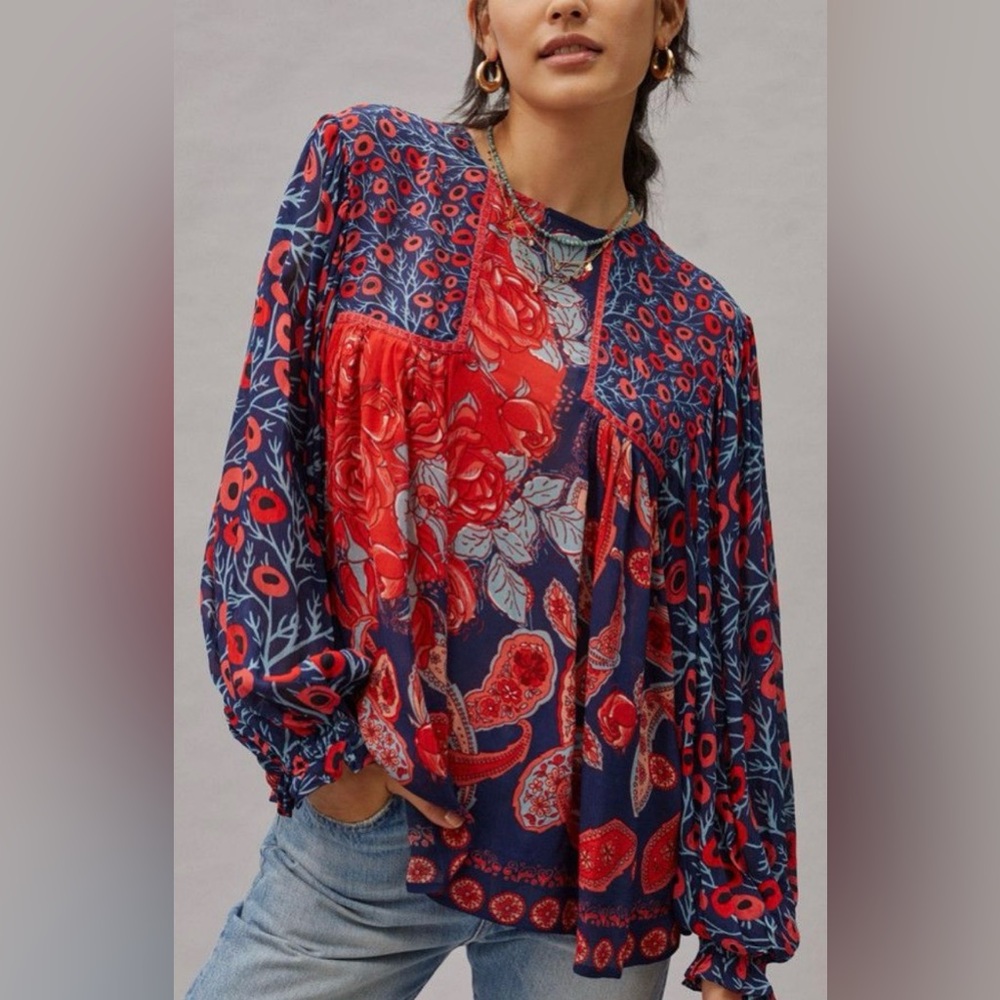 Anthro BLNK Miranda Peasant Red Blue Print Blouse Shirt Top - Picture 15 of 15